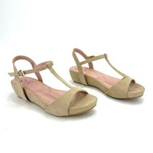 Kylie Crazyshoes Wedge Platform Sandal Size 10 Tan Faux Leather T-Strap Open Toe